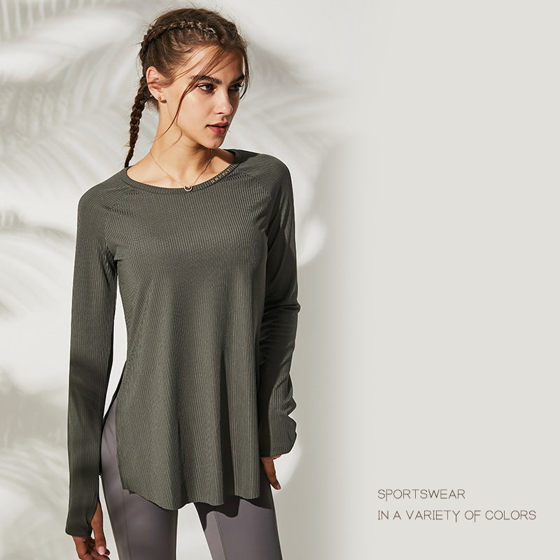 Ribbed Long Sleeve Top with Curved Hem